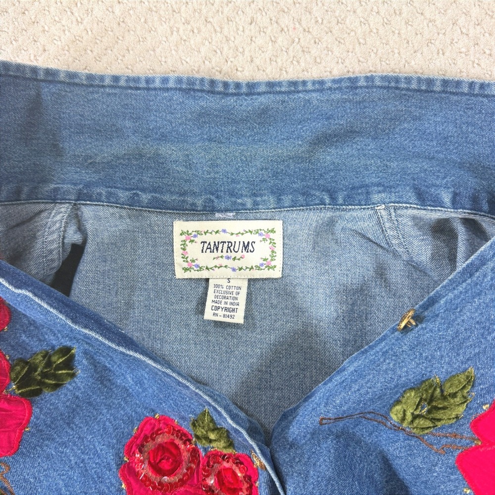 Floral Denim Chore Jacket VTG Tantrums Women SM Cottage Grandma Artsy Shacket - Picture 7 of 11